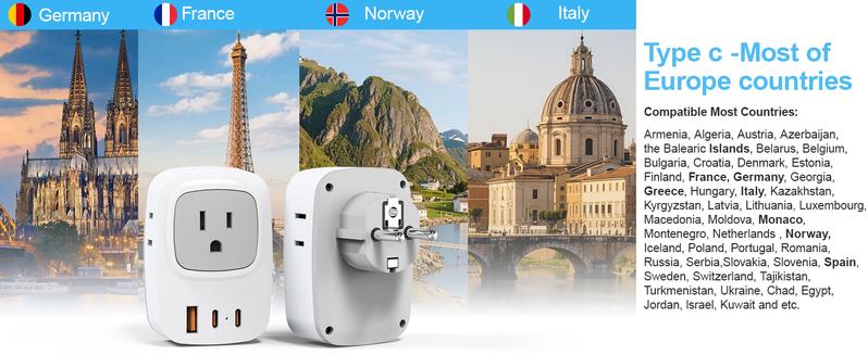 Germany France Power Adapter with 2 USB C, 4 AC Outlets. EU Plug Adapter for US to Europe, Korea, Iceland, Greece, Spain.