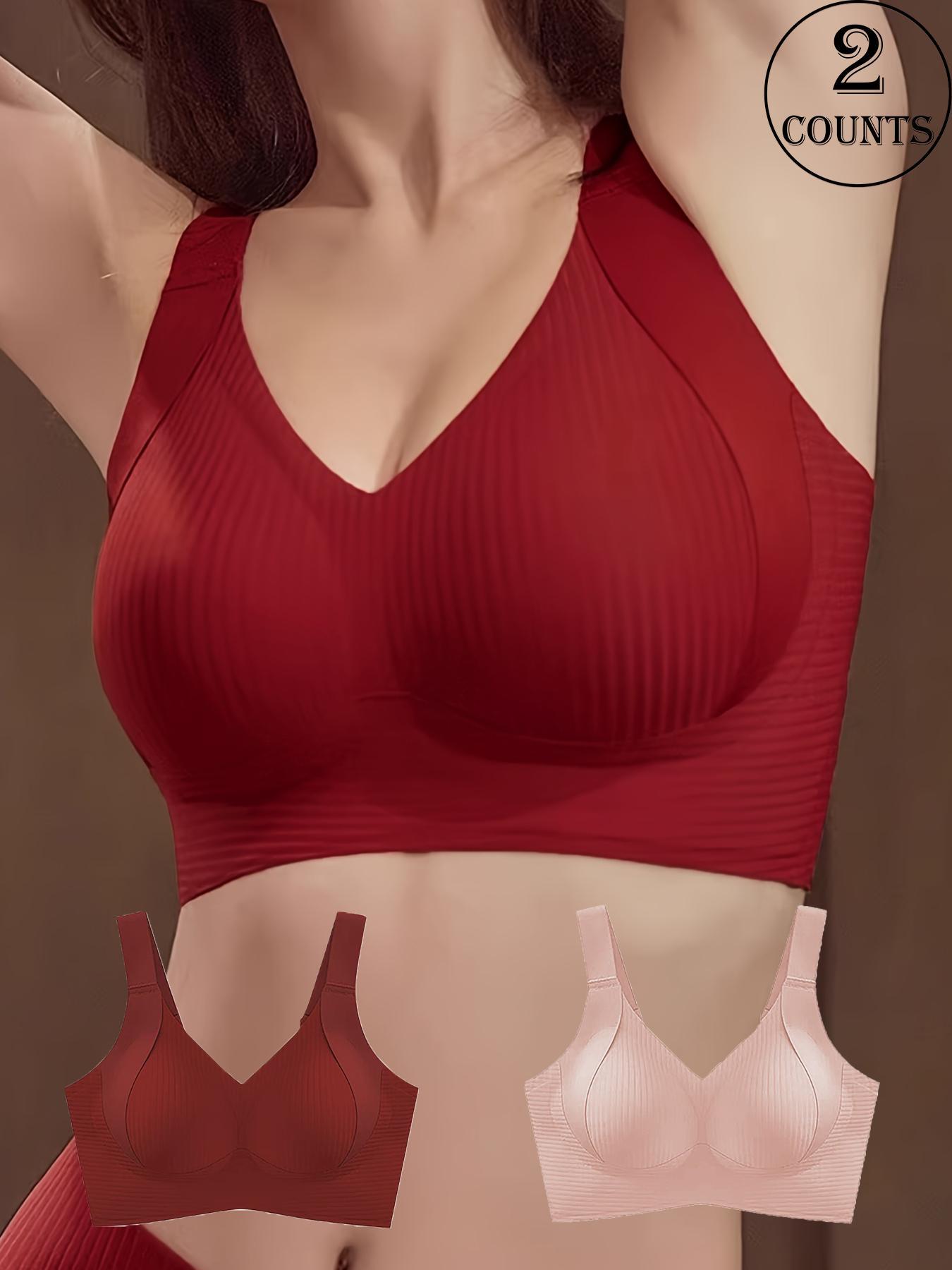 Women's Seamless Wireless Bra, Adjustable Wide Shoulder Straps, Comfortable Breathable Daily Wear, Ribbed Stripe Design