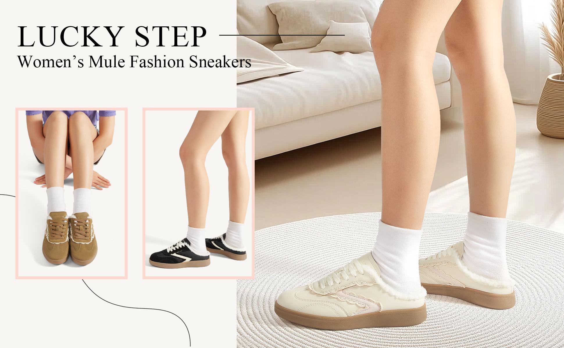 LUCKY STEP Women's Mule Fashion Sneakers Slip On Backless Walking Shoes Winter Retro Comfy Casual Suede PU Material Soft Lining Non-slip Outsole