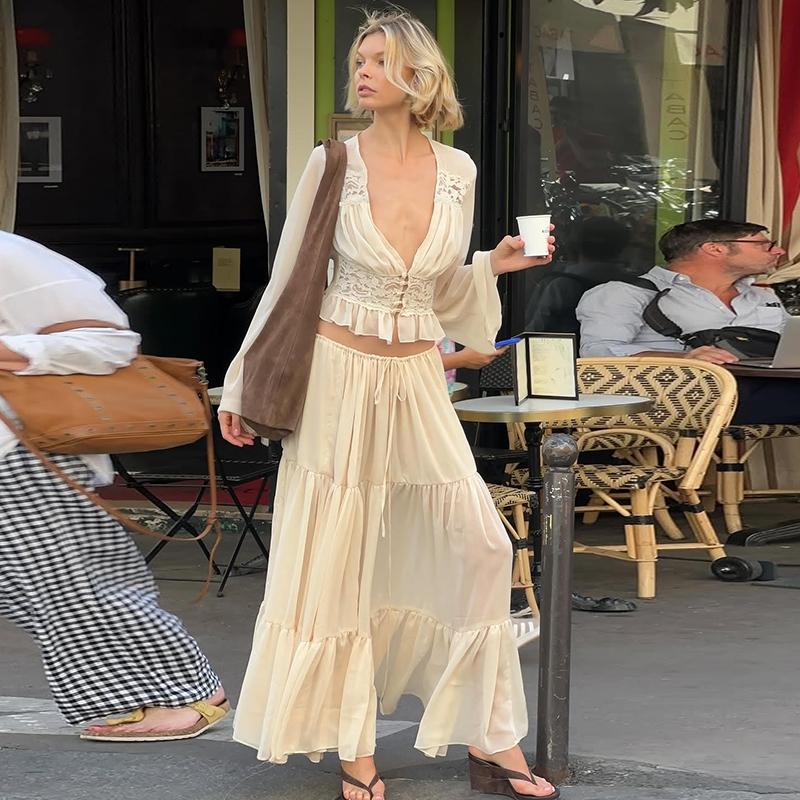 Women Spring Autumn Long Sleeve V Neck Tops Long Skirt Beach Vacation Chiffon Two Piece Set Outfit