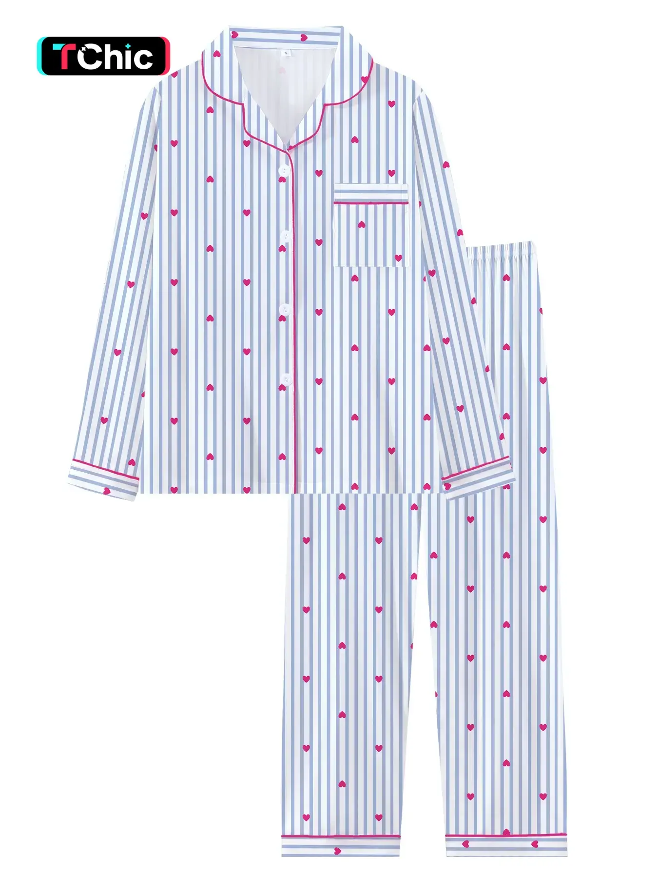 Teen Girls' Striped Heart Sleepwear Set, Fall Winter Long Sleeve Pajamas, Pj Sets, Comfortable Casual Home Wear, Fitted Pants, Party, Collared Pajama Set