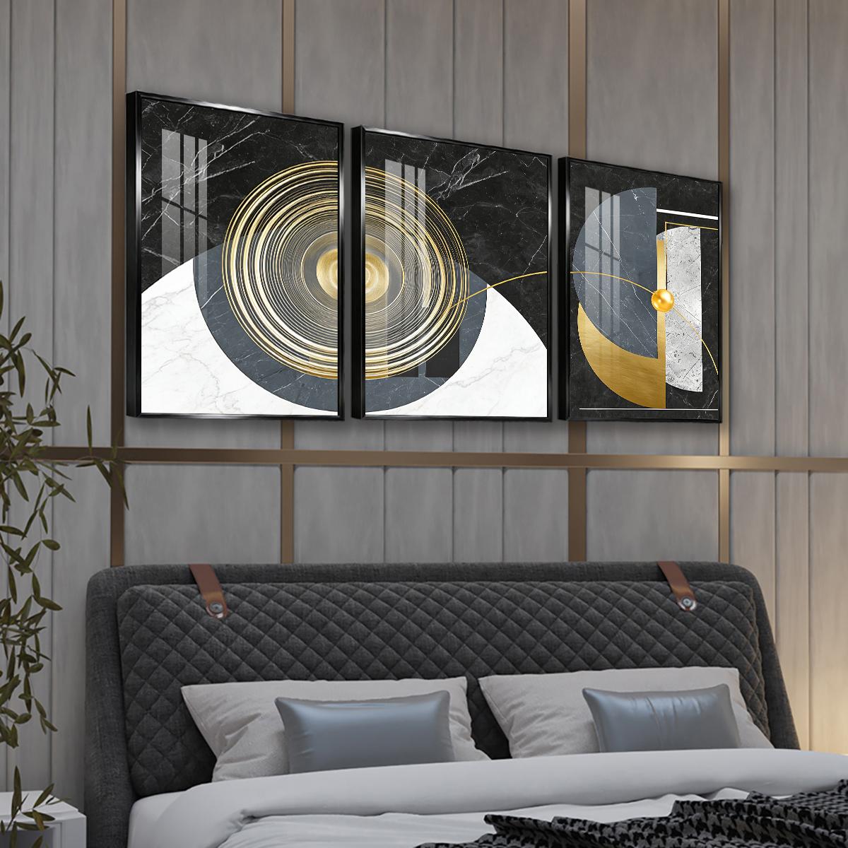 3 Counts Aluminum Alloy Framed Painting, Geometric Abstract Gold And Marble Art, Home Decoration For Living Room, Bedroom, Office, Restaurant, Hallway Wall Decor, Odorless Print Artwork, Luxury Perfect Gift For Friends And Family