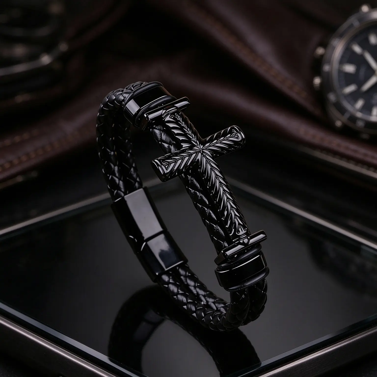 Men's Cross Woven Cord Bracelet, Composite Leather Bracelet With Magnetic Clasp, Religious Faith Jewelry, Stackable Gift Bracelet for Men