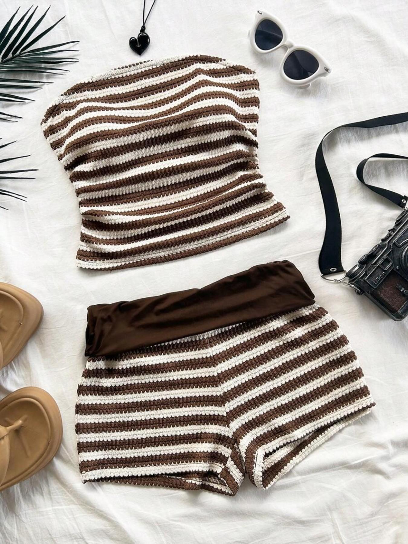 Summer 2-Piece Set: Colorblock Ruffle Bustier and Low Waist Shorts, Textured Knitwear, Perfect for Vacation and Summer