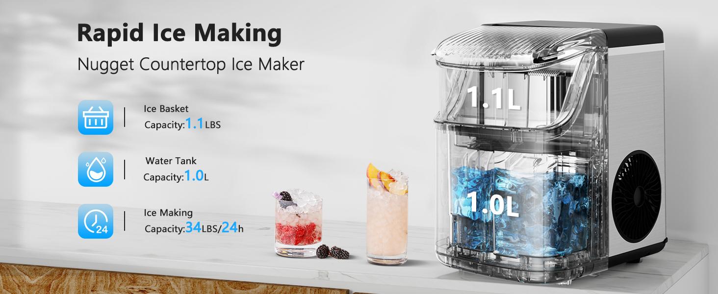 Nugget Countertop Ice Maker Machine，34Lbs/24Hrs, Soft Chewable Pellet Ice, Pebble Portable Ice, Auto-Cleaning, One Button Operation Kitchenware Modern