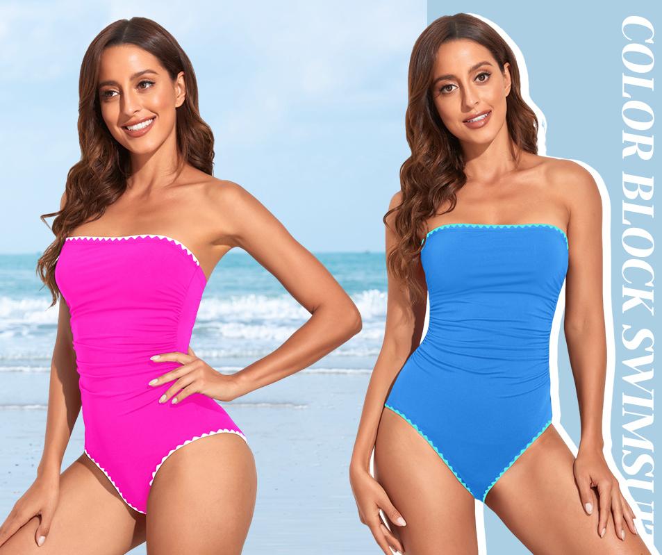 Holipick Women Elegant Tummy Control One Piece Swimsuits Strapless Bandeau Full Coverage Bathing Suits Slimming Halter Swimwear Swimming Clothing