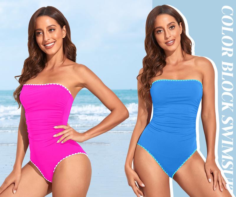 Holipick Women Elegant Tummy Control One Piece Swimsuits Strapless Bandeau Full Coverage Bathing Suits Slimming Halter Swimwear Swimming Clothing