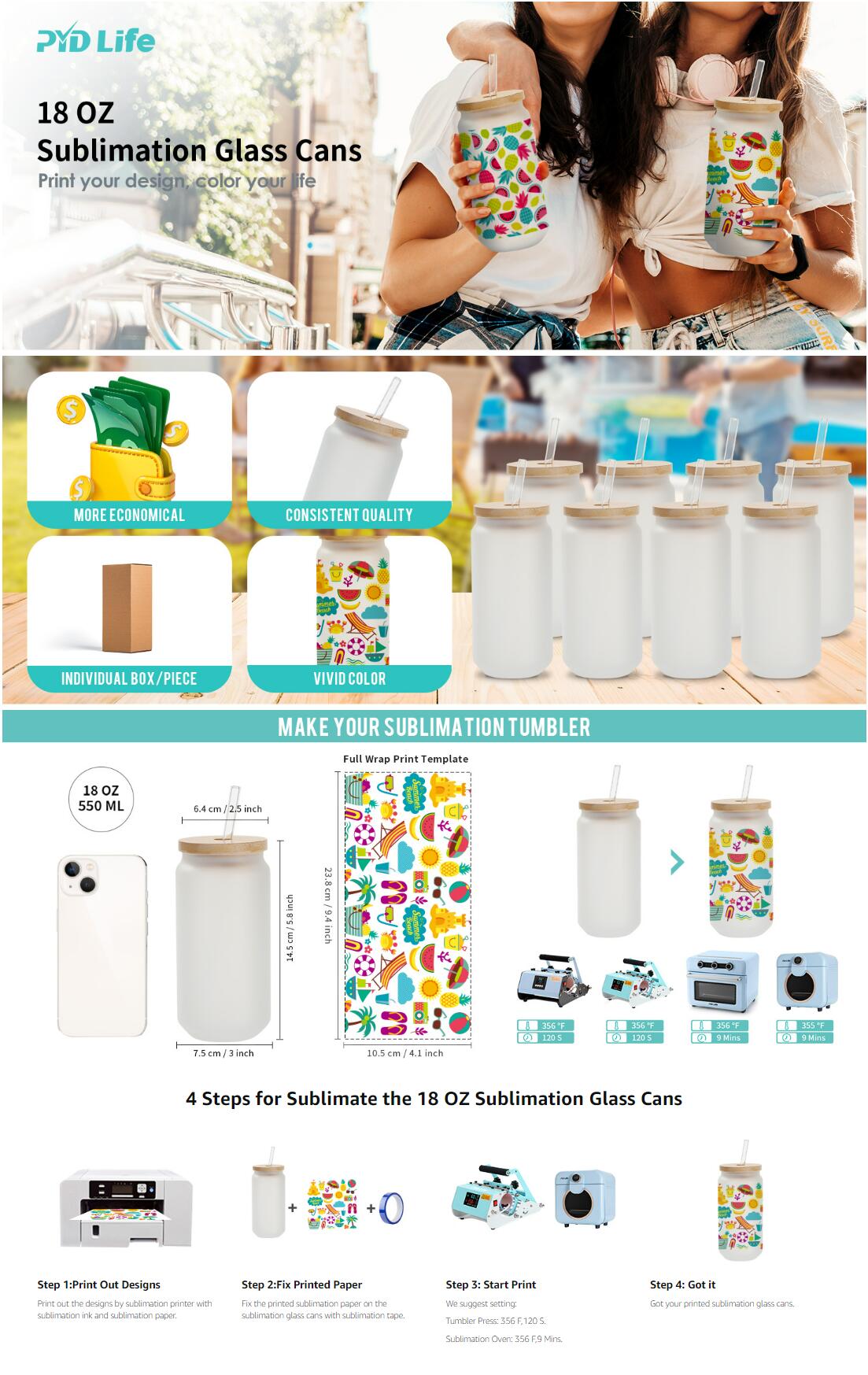 Sublimation Glass Beer Can Frosted White With Bamboo Lid And Glass Straw 18 OZ 12 Pack