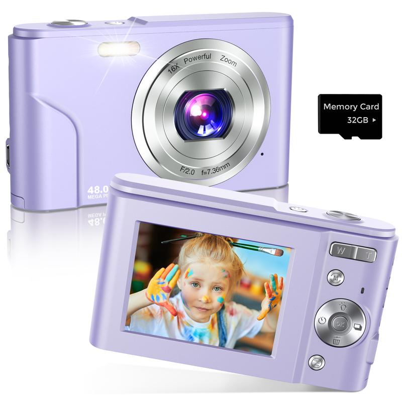 48MP 1080P Digital Camera, 1 Count 16X Digital Zoom Camera with 32G Memory Card, USB Rechargeable Auto Focus Camera, Point & Shoot Camera for Teenager Beginners, Rechargeable Portable Camera