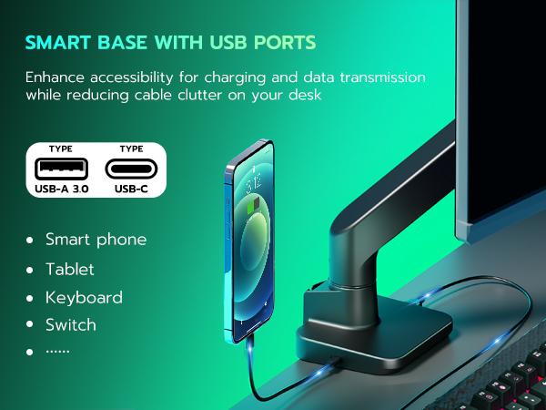 ARES WING  Single/Dual Monitor Mount with USB A/C, Ultrawide Monitor Arm for 17 to 49 inch Heavy Duty Screen, Holds 44 lbs, Adjustable Gas Spring Arm Desk Mount with Clamp and Grommet Base