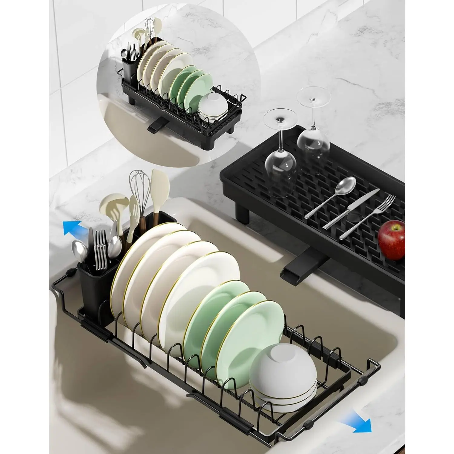 2-in-1 Small Dish Drying Rack, Compact Dish Drainer for Countertop | Fits 14''–21.8'' Sink, Extendable Drain Basket with Utensil Holder & Auto-Drain Tray, Steel Plate Rack for Kitchen Counter