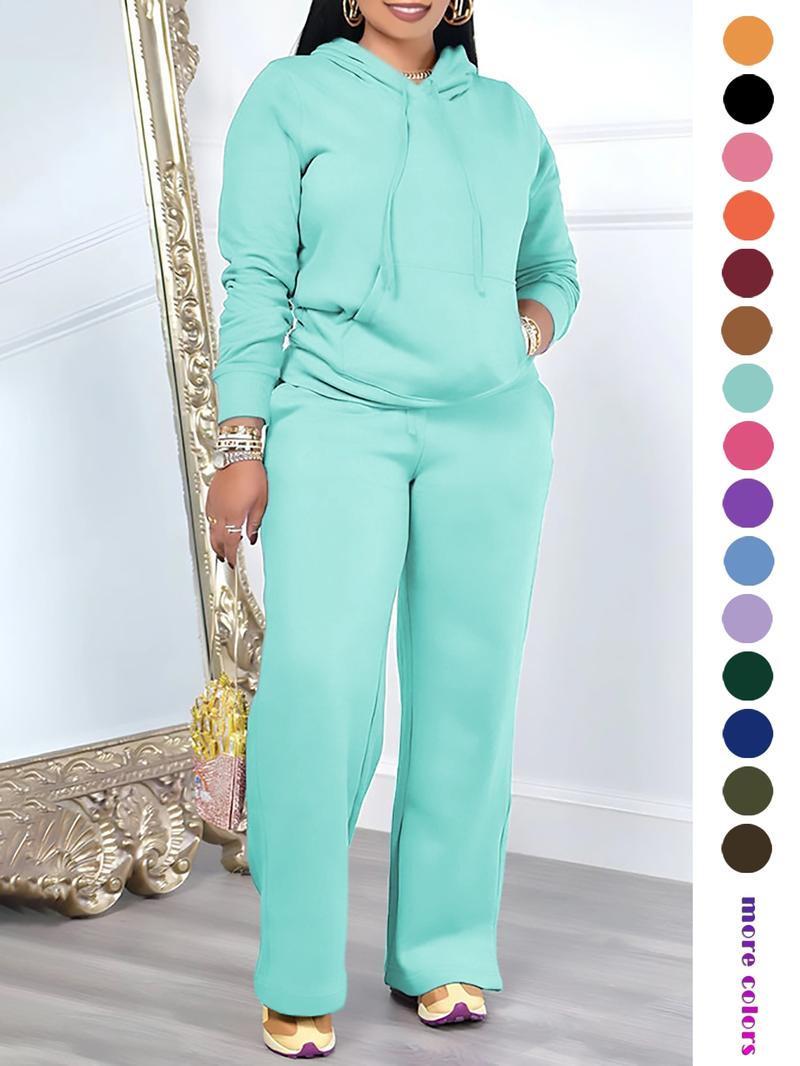 Two-Piece Set Women's Solid Drawstring Hoodie & High Waist Pants Set, Casual Long Sleeve Pocket Hooded Sweatshirt & Straight Leg Trousers for Spring & Fall, Ladies' Clothes for Daily Wear