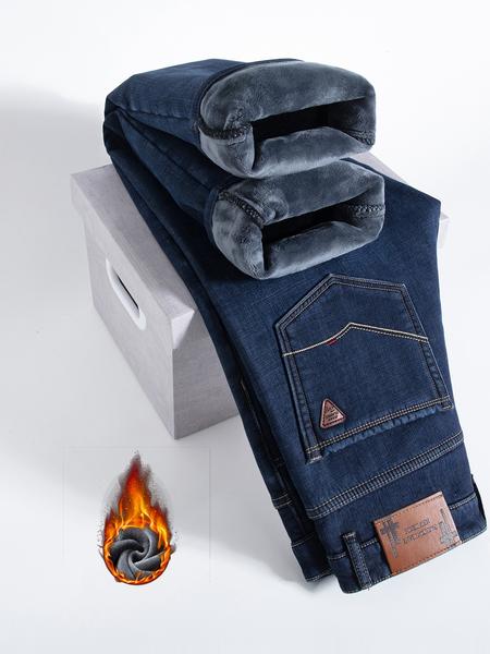 Men's Fleece Lined Denim Jeans, Loose Straight Leg Long Pants, Warm Cotton Elastic Business Style, Fall Winter Fashion