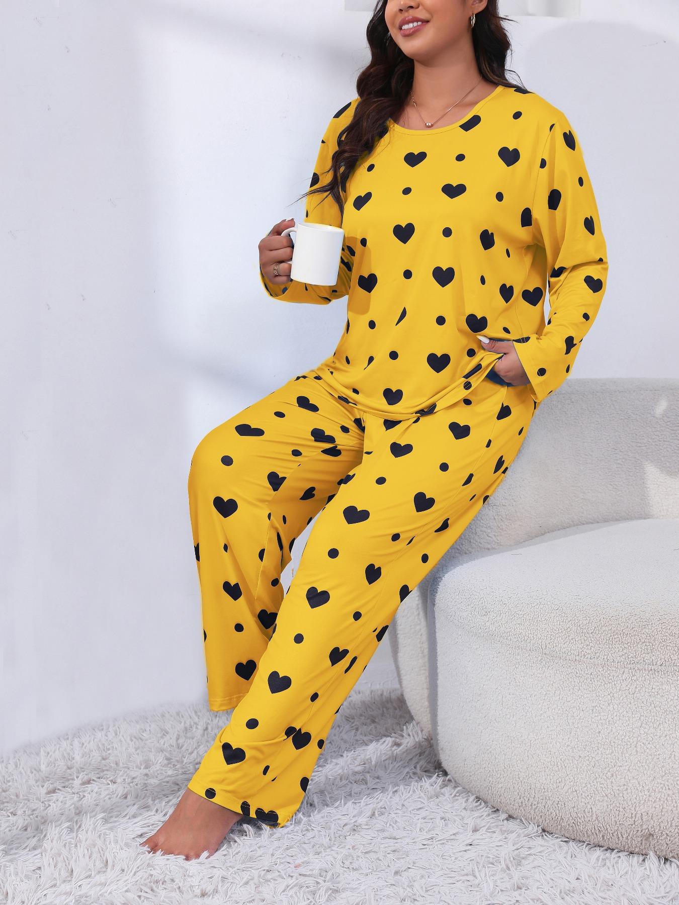Plus Size Heart Print Drop Shoulder Pyjama Set, Casual Comfy Long Sleeve Round Neck Top & Trousers PJ Set, Pajamas, Summer Outfits 2024, Women's Sleepwear for Spring & Fall