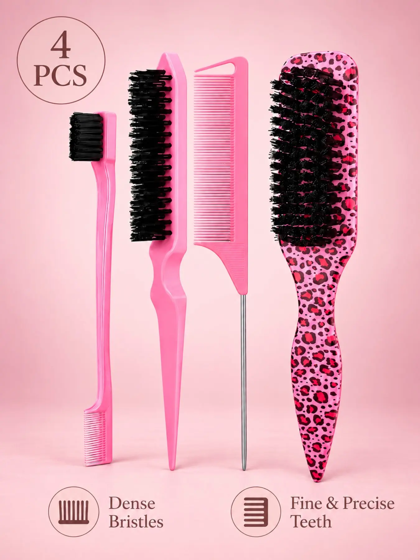 4pcs Hair Styling Brush & Comb Set, Brush Comb Styler, Edge Control, Teasing, Rat Tail, Leopard Print, Multi-Use for Slick Back, Braiding, Daily Styling, Salon & Travel