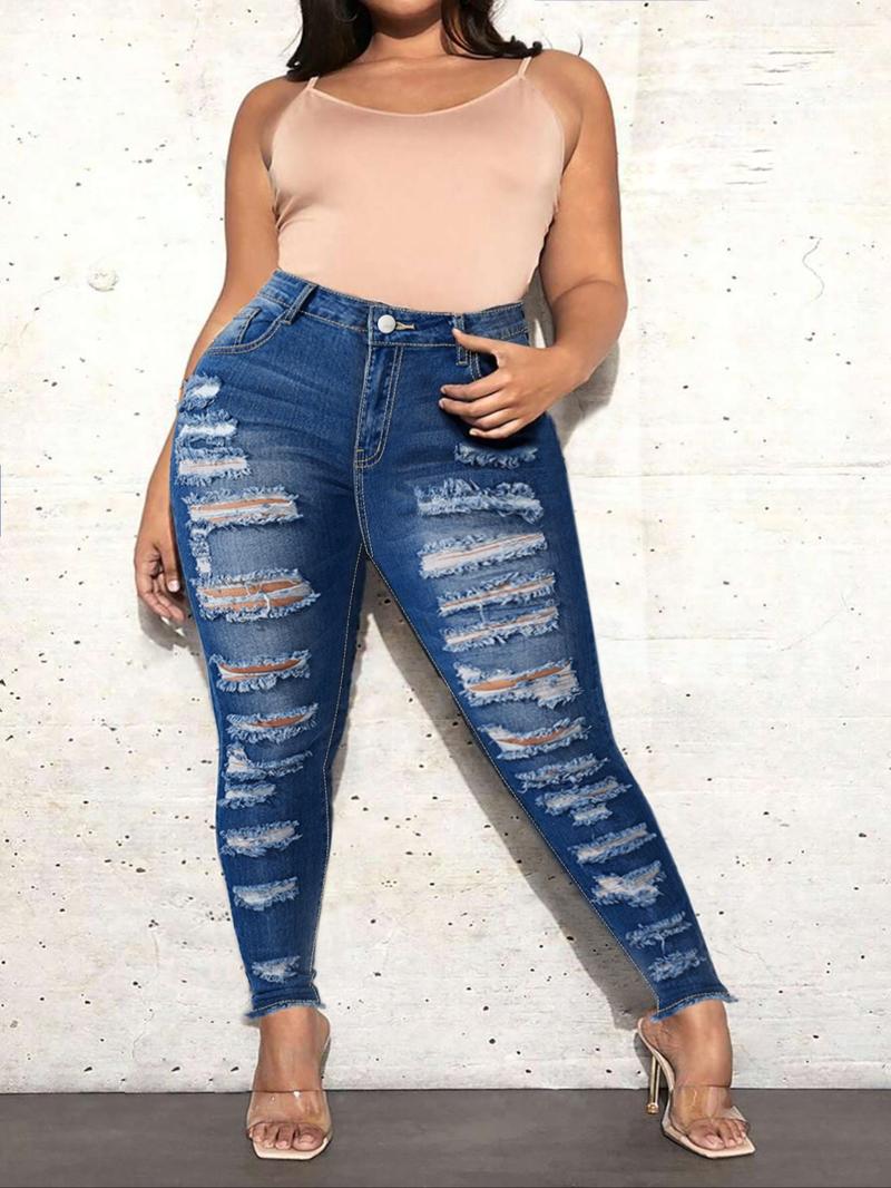 Plus Size Women's Fashion Ripped Denim Jeans, Tight Fit Sexy Slim Fit Pants, Elastic Fabric for Parties, All Seasons Wear