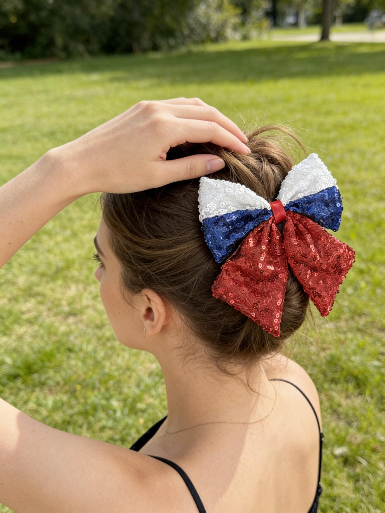Women's Independence Day Hair Clips Blue Sequins Bow Patriotic Theme Party Headwear, 2pcs Ladies Hair Accessories