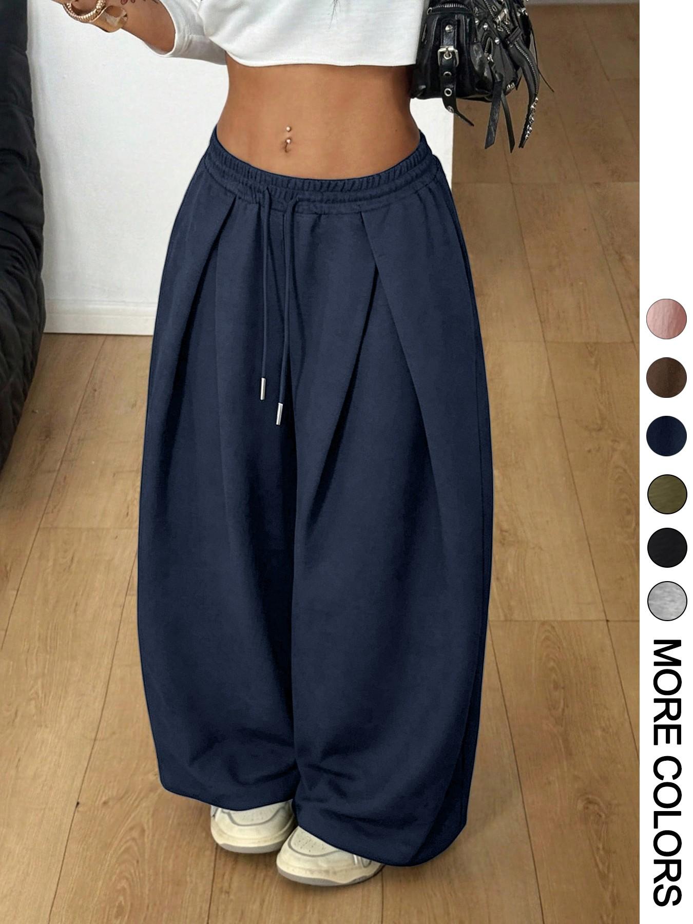 Women Elastic Waist Cuffed Jogger Pants, High Waist Baggy Wide Leg Sweatpants With Drawstring Ankle, Casual Streetwear for Lounging Daily Going Out