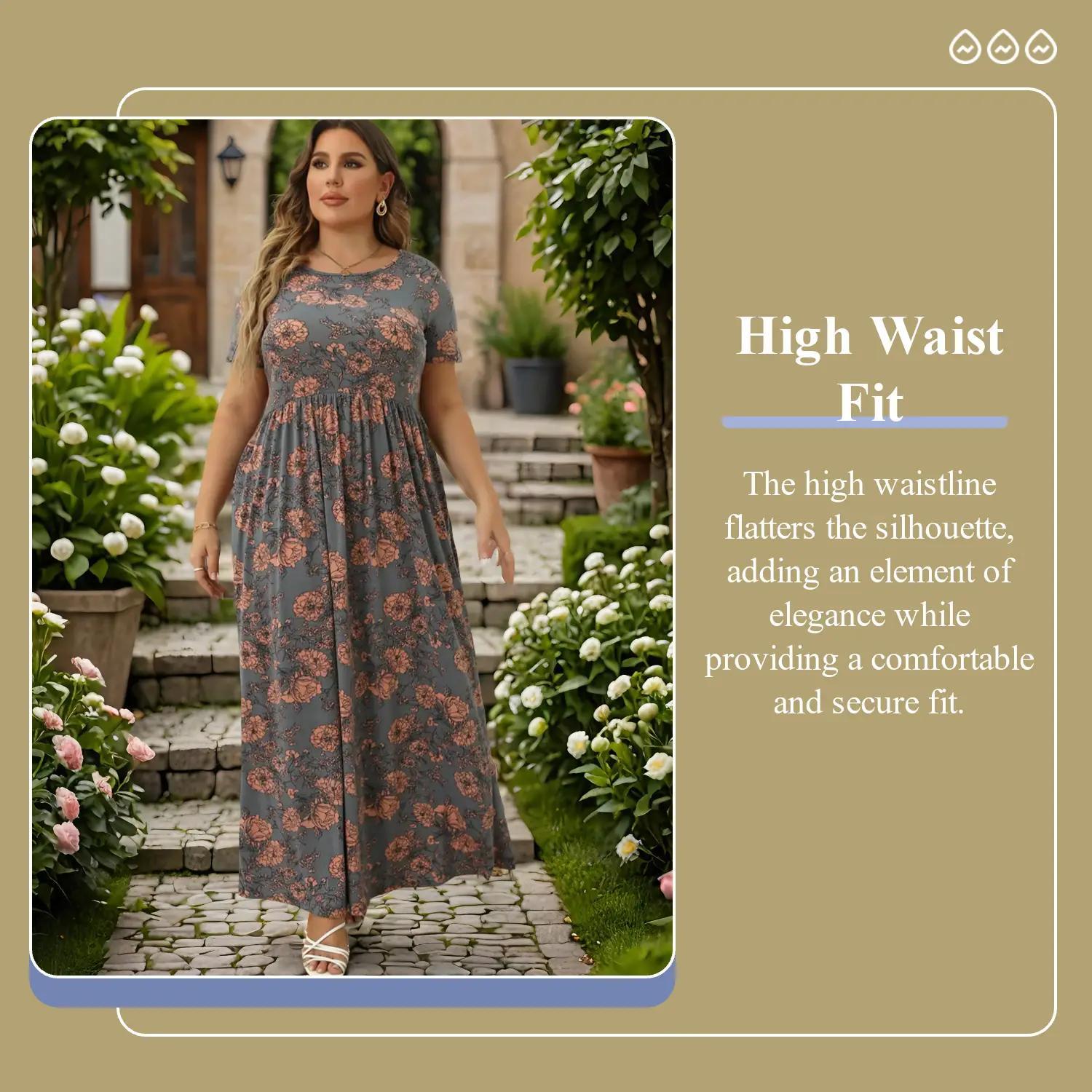 Plus Size Floral Print Short Sleeve A-line Dress with Pockets, Summer Dress, Boho Vintage Dresses for Holiday, Casual Everyday Wear, Modest Dresses