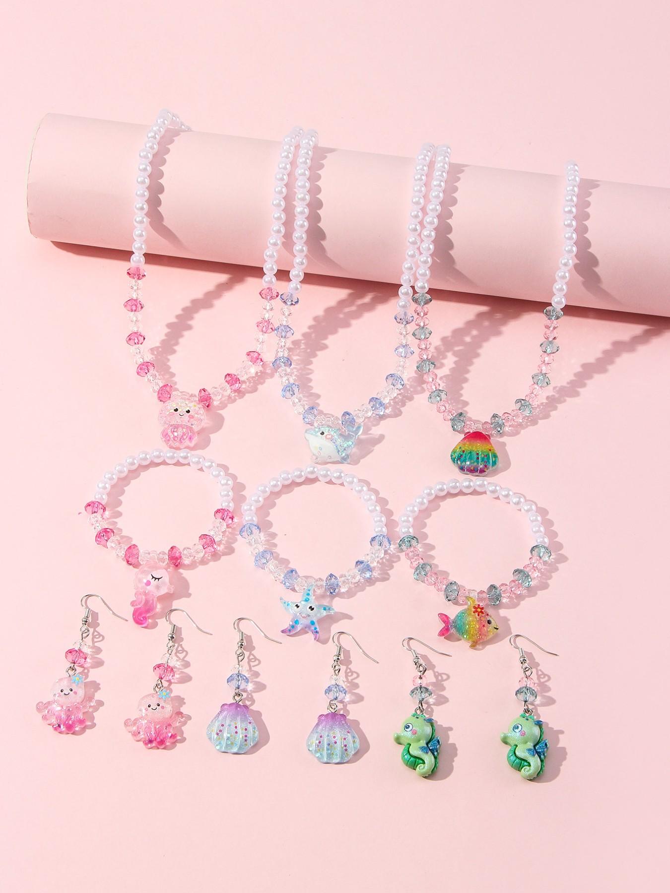 4pcs/set Acrylic Ocean Animal Pendant Pearl Bead Necklace Bracelet Set, Cute Butterfly Pattern, All Seasons, Perfect Gift for Girls
