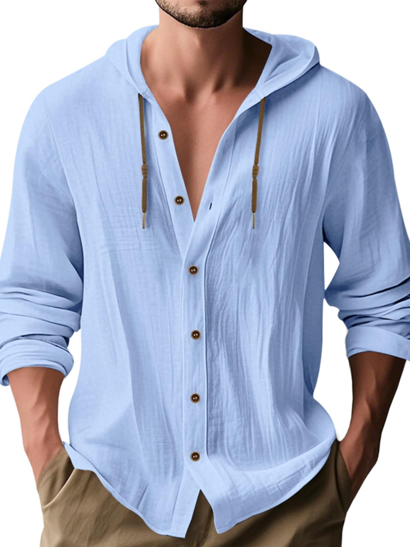 Hooded Linen Long Sleeve Shirt Jacket, Hawaiian Style Casual Loose Fit, Drawstring & Button Design, Spring & Fall Fashion, Beach Vacation Essential