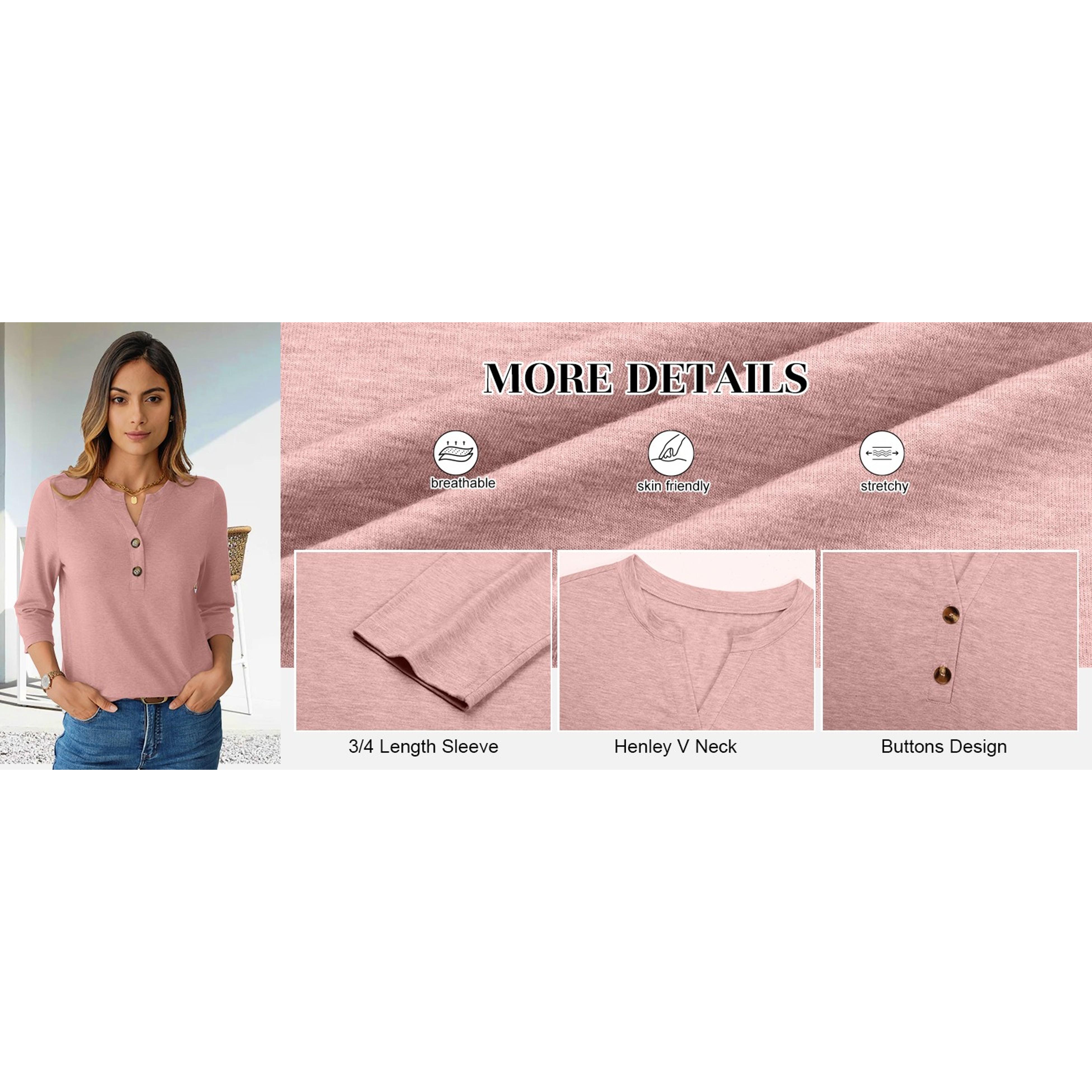 Womens 3/4 Sleeve V Neck Button Down Henley Shirts Business Casual Basic Tees Summer Top(Gift)