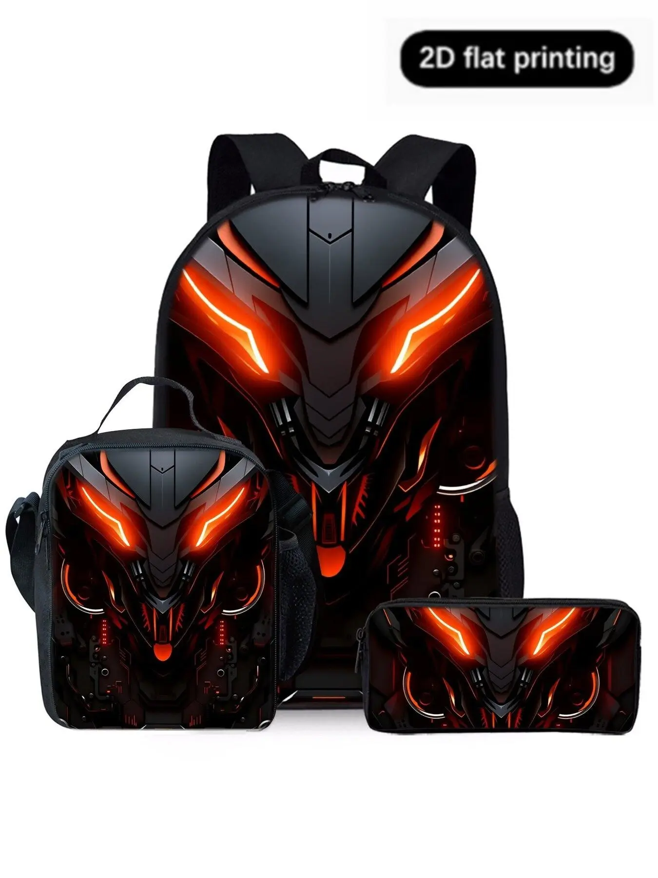 Mechanical Robot 2D Print Backpack Set, Durable Material, Lunch Bag, Pencil Case, Shoulder Bag, Casual Style, All Seasons, Geometric Pattern, Cartoon Design