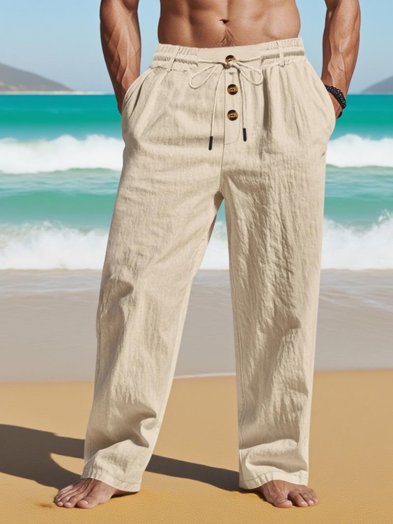 Men's solid - color linen straight - leg pants, drawstring - waist casual long pants with pocket design, loose - fitting wide - leg pants suitable for all seasons, light - washed loose - cut trousers for daily wear, Casual Beach Pants
