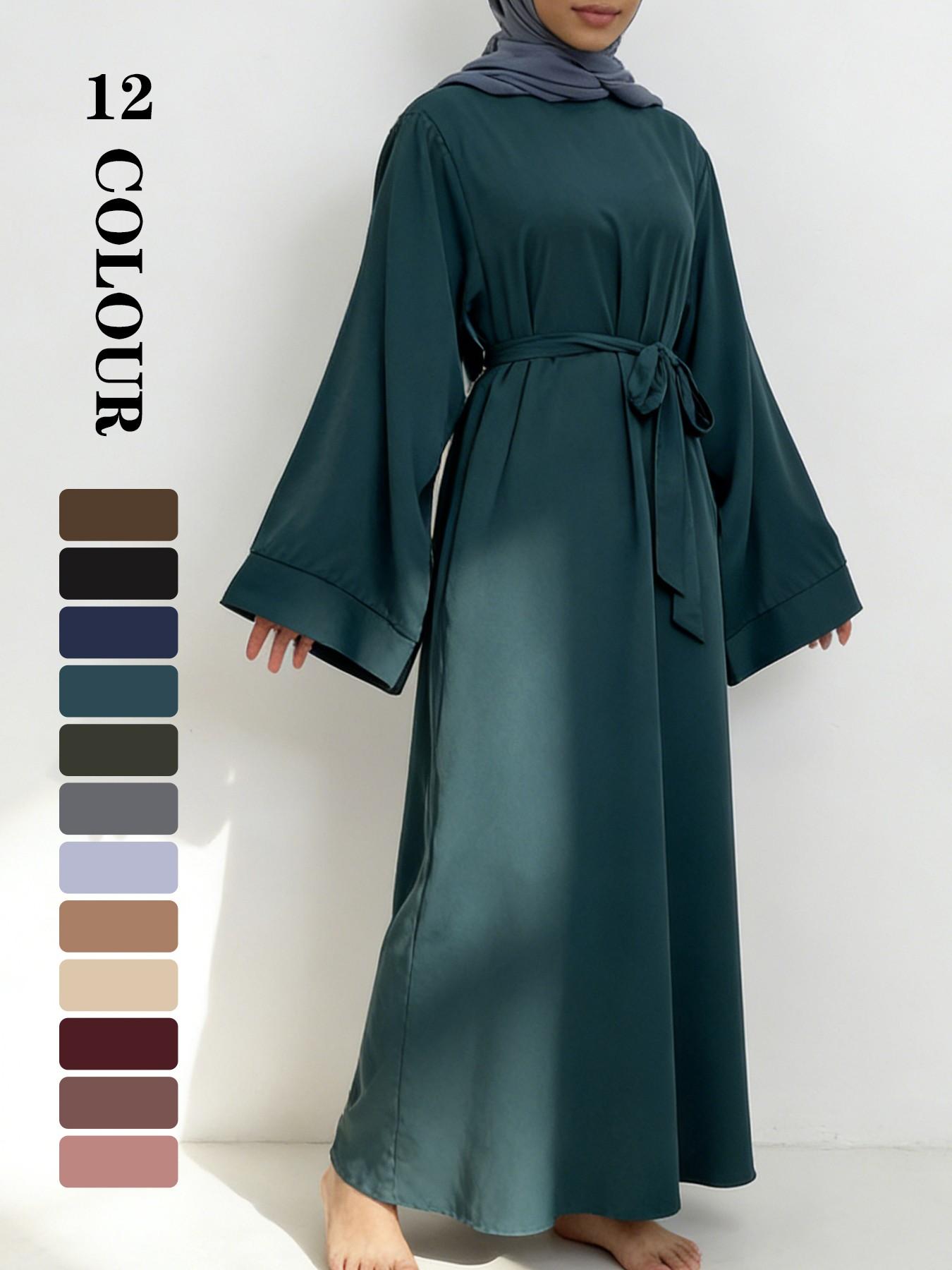 Muslim Modest Fashion Simple Nida High-Quality Long Sleeve Wide Sleeve Dress with Waist Belt, No Hijab Included, 12 Colors, 5 Sizes Available EID Ramadan Dress, Muslim Evening Dress