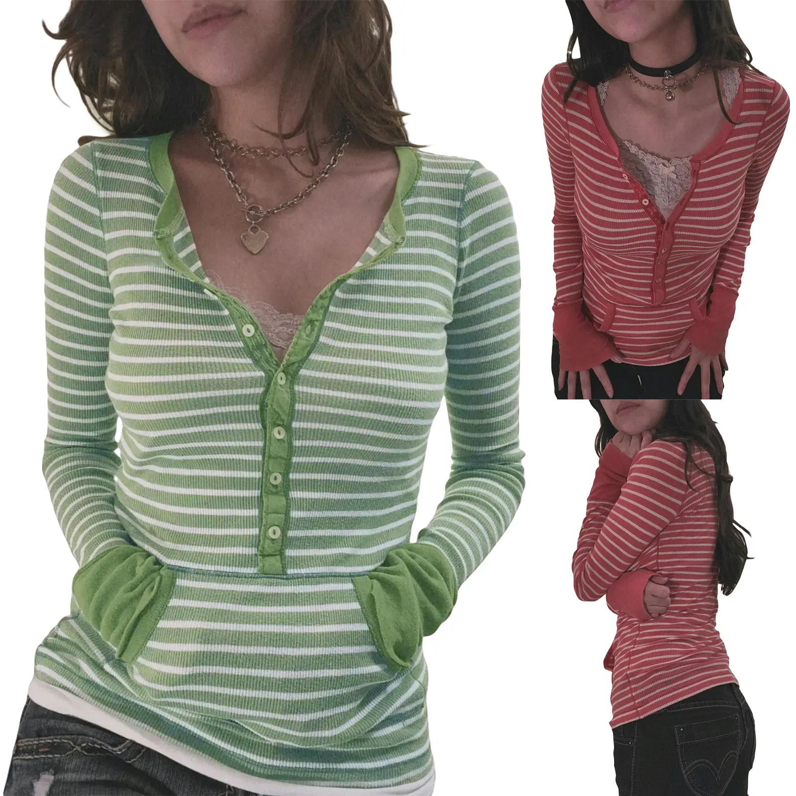 Women Y2K Striped Henley Long Sleeve Top Ribbed Knit V Neck Partial ButtonFit Tee with Thumb Hole Cuffs Vintage Casual Fitted Blouse for Daily Wear