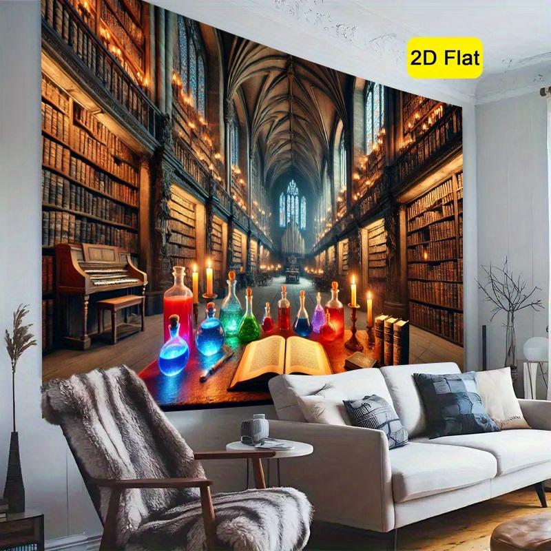 2D Flat, 1pc Magical Library 2D Flat Banner - Gothic Library Backdrop with Bookshelves, Candles & Mystical Decor - Durable Polyester Party Decoration for Birthday, Anniversary, Photo Studio - Indoor/outdoor Use, Library Decor, Indoor Outdoor Decor