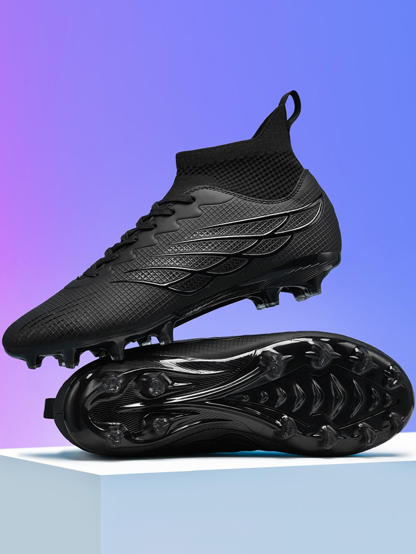 Lace up High Top Football Shoes, Anti-slip Spike Soccer Shoes, Matching Black Football Cleats, Solid Color Outdoor Sports Training Shoes, Men Shoes