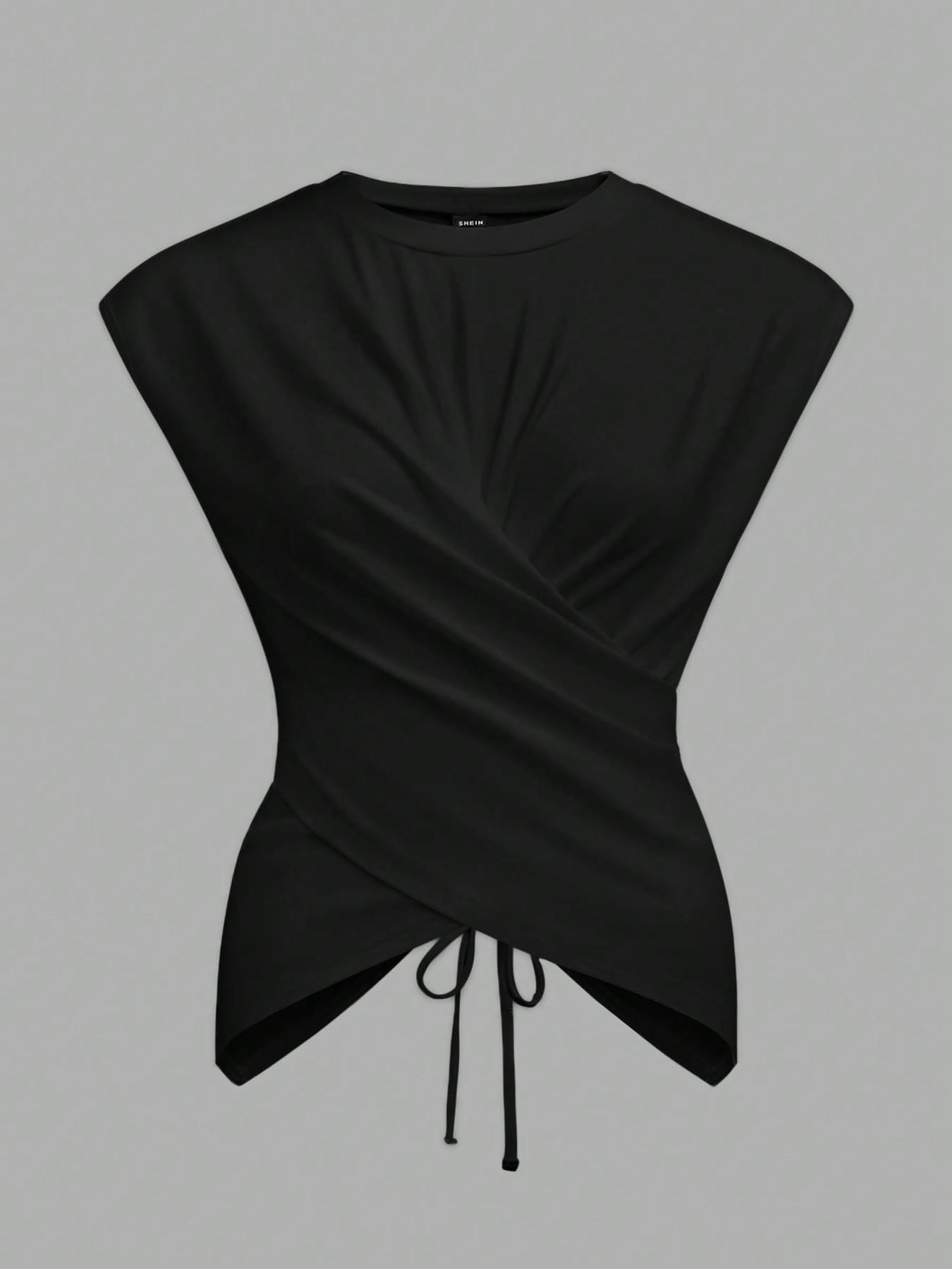 2026-2027-Women's Knitted Round Neck Drop Shoulder Sleeve T-Shirt, Fashion Casual Asymmetrical Ruched Cross Cutout Back Tie Top