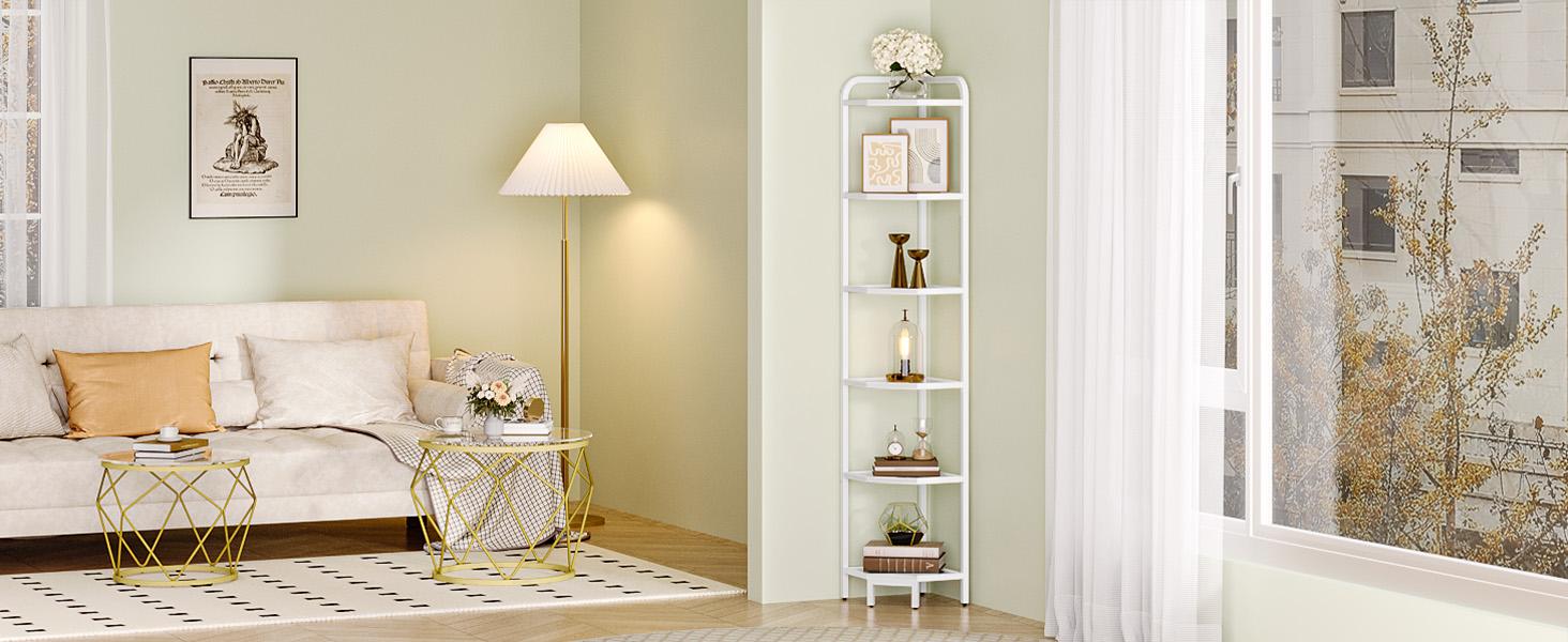Corner Shelf Stand,6-Tier Glass Bookshelf Bookcase, Bathroom Organizer, Plant Stand, Steel Frame, Tempered Glass, Modern Style for Living Room, Bathroom, Kitchen, White CS90613W