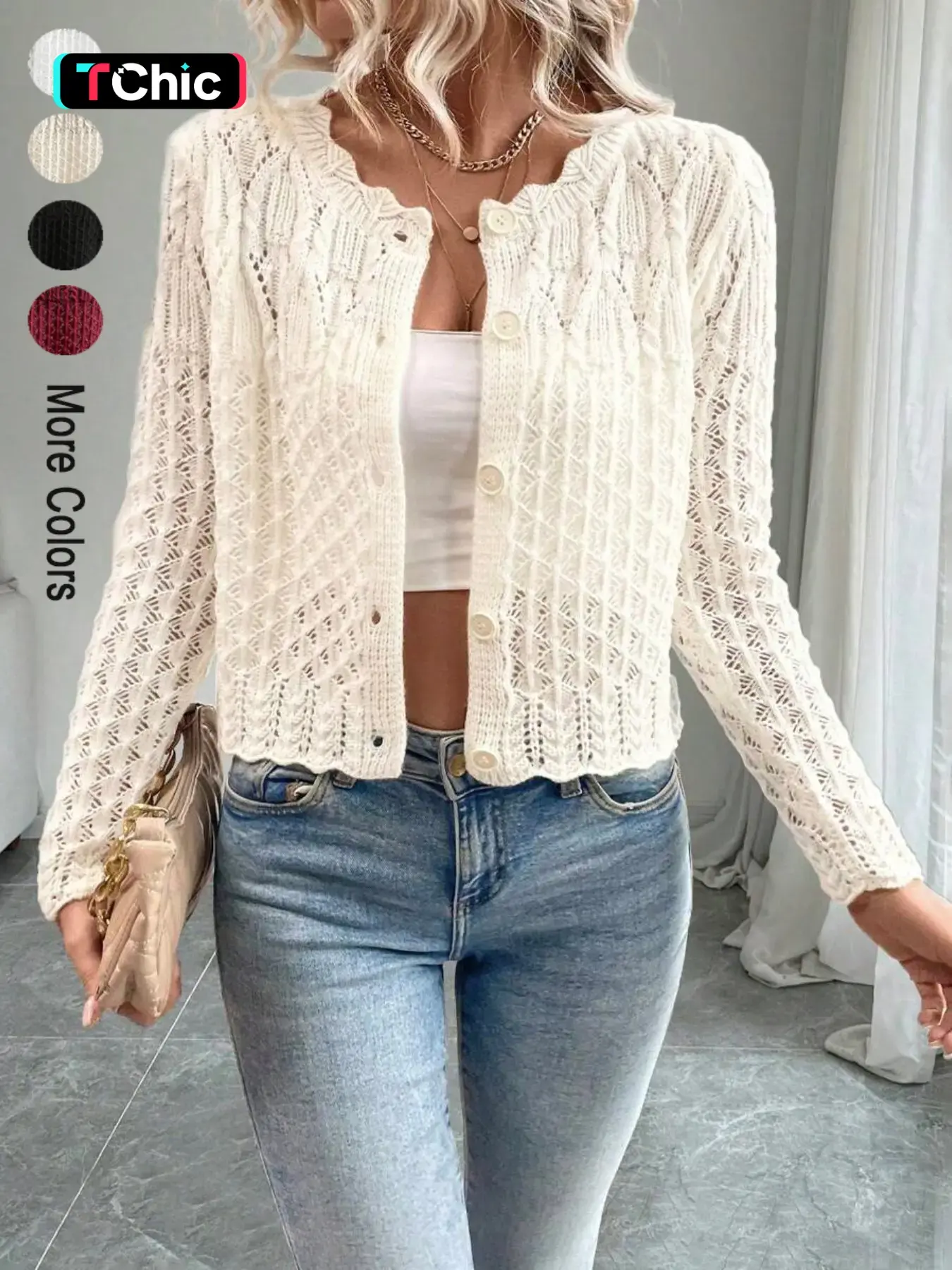 Simple Spring & Fall Women's Round Neck Lace Front Button Cardigan, Thin Knit Sweater, Casual Fitted Long Sleeve Top
