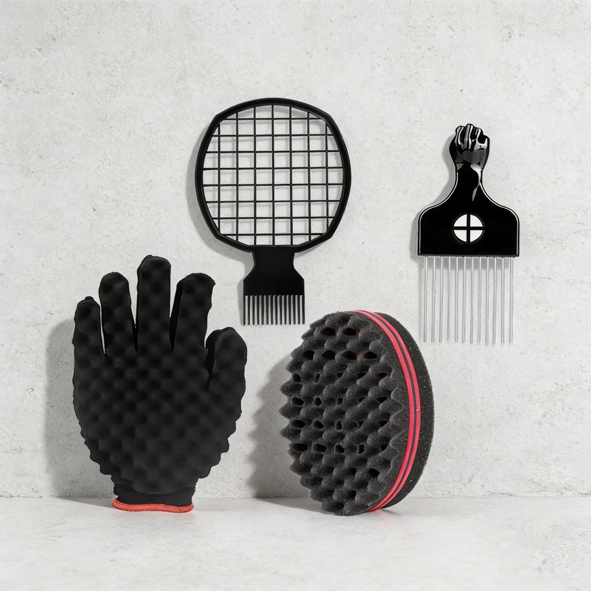 4-Piece Hair Styling Tool Set, Styling Kit, Heatless Styling, Includes Sponge Curl Brush, Perm Grid Comb, Sponge Gloves, Steel Needle Curling Comb, Braiding Tools for Salons