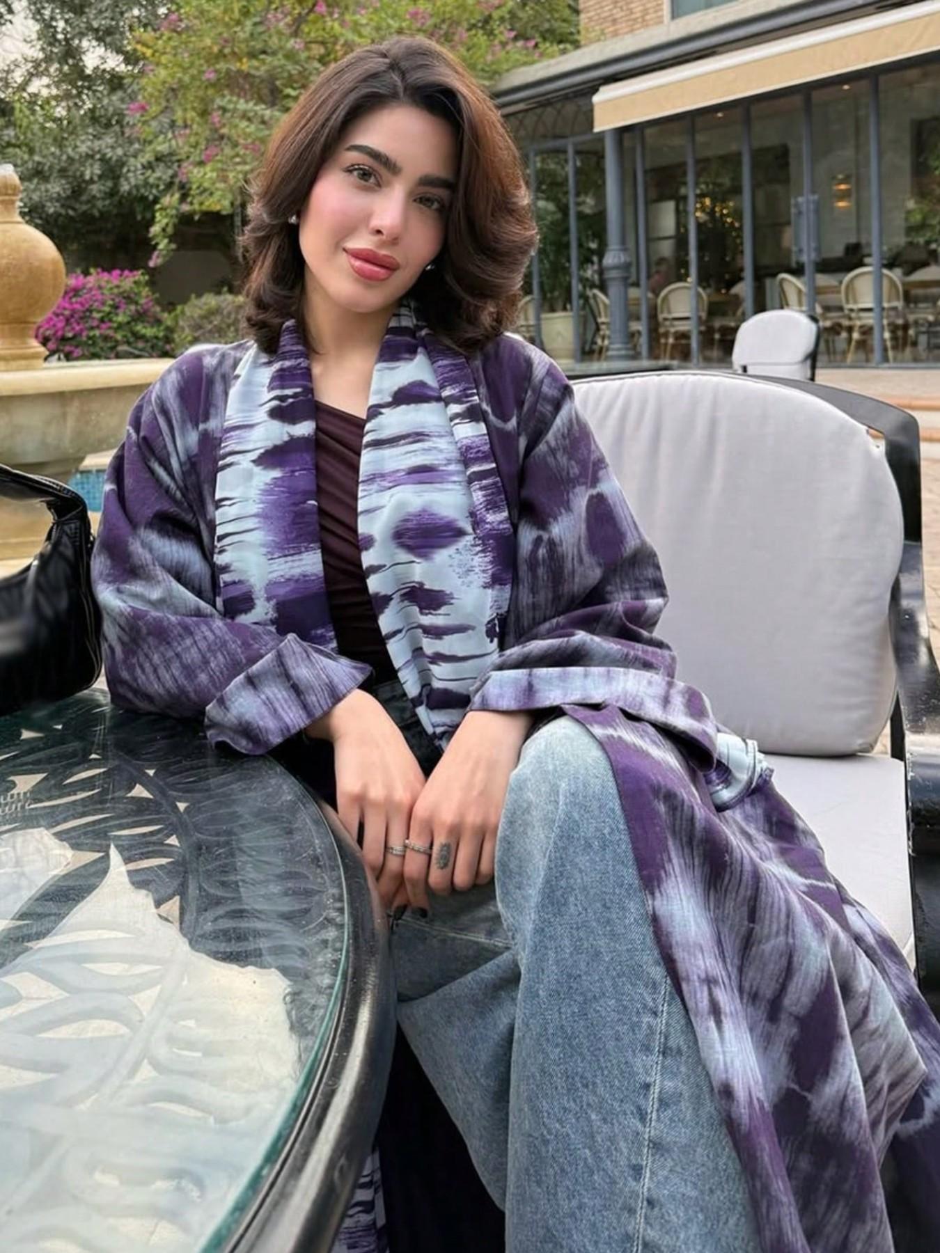 Hafizah Tie-Dye Colorblock Long Cardigan Matching Scarf Set, Loose-Fitting Oversized All-Over Print Outerwear, Casual Women's Fashion for All Seasons