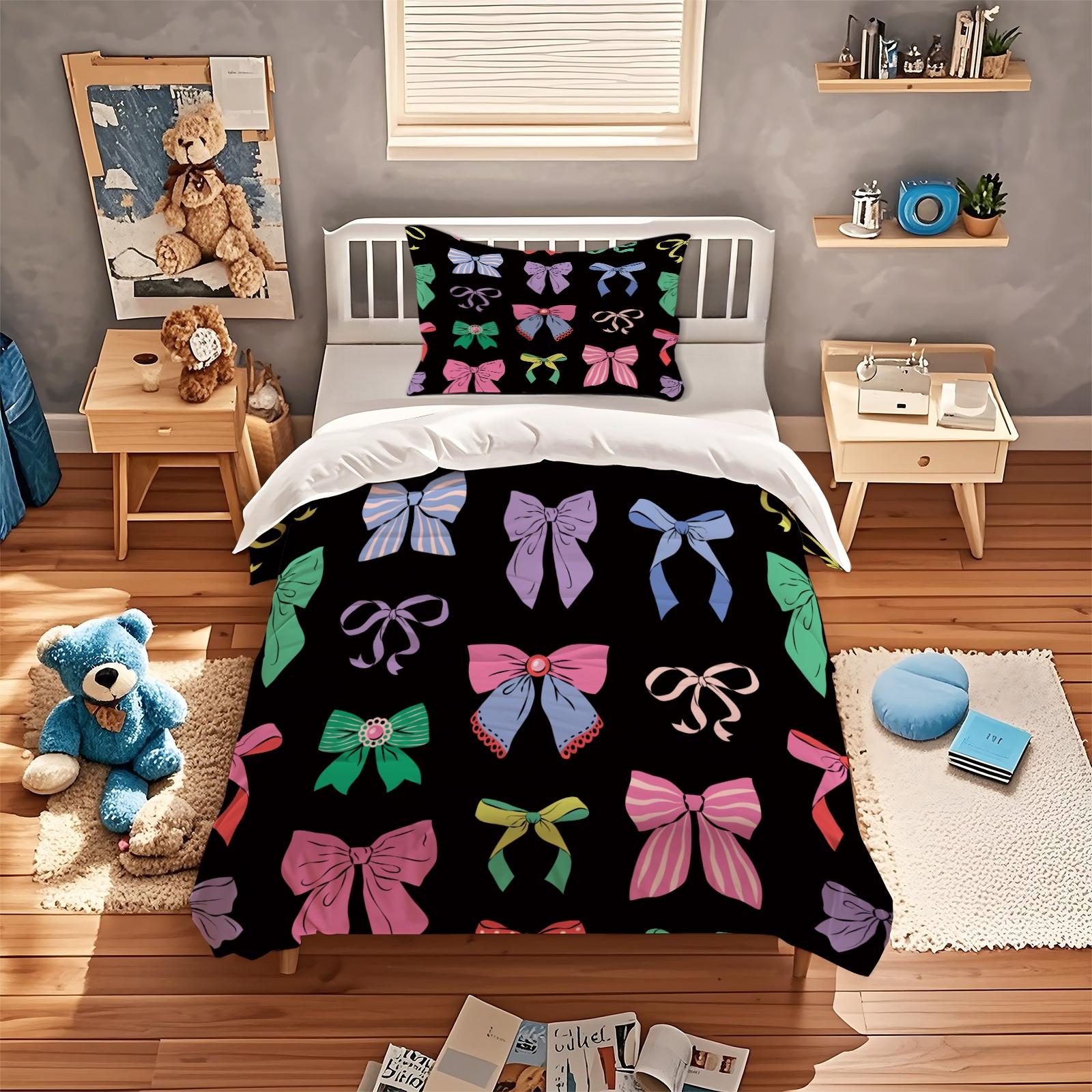 2/3 Pcs Coquette Pink Bow Print Duvet Cover Set, Cute Y2K Aesthetic Bedding Set, Vibrant Digital Print, Soft Microfiber with Zipper Closure, Ideal for Bedroom, Dorm, Girly Room Decor All Year Round - No Filling