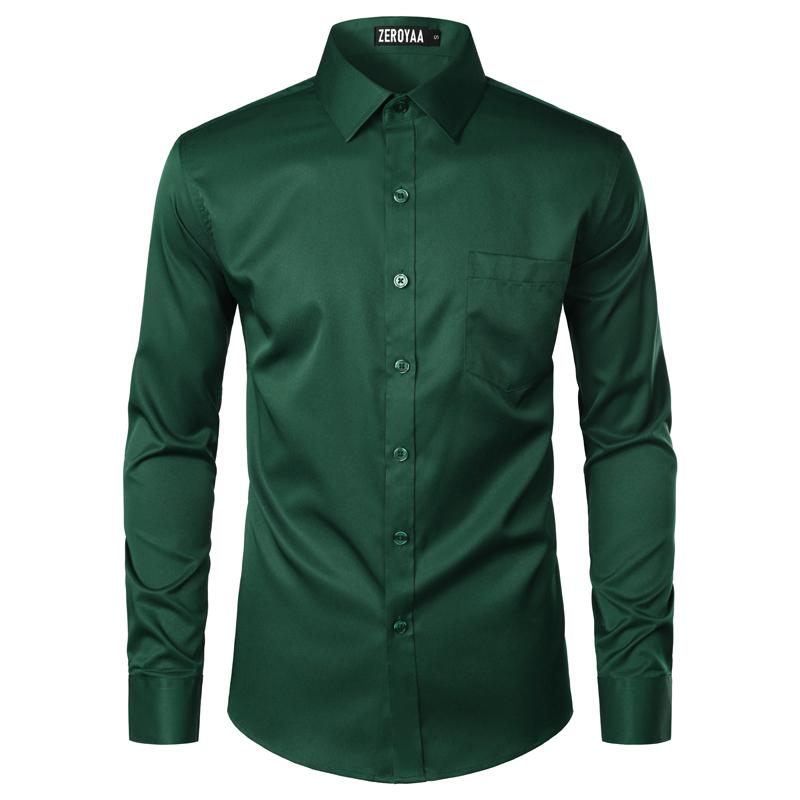 ZEROYAA Men's Beige Polyester Long Sleeve Button-Up Dress Shirt with Left Chest Pocket Urban Casual Business Slim Fit Tops