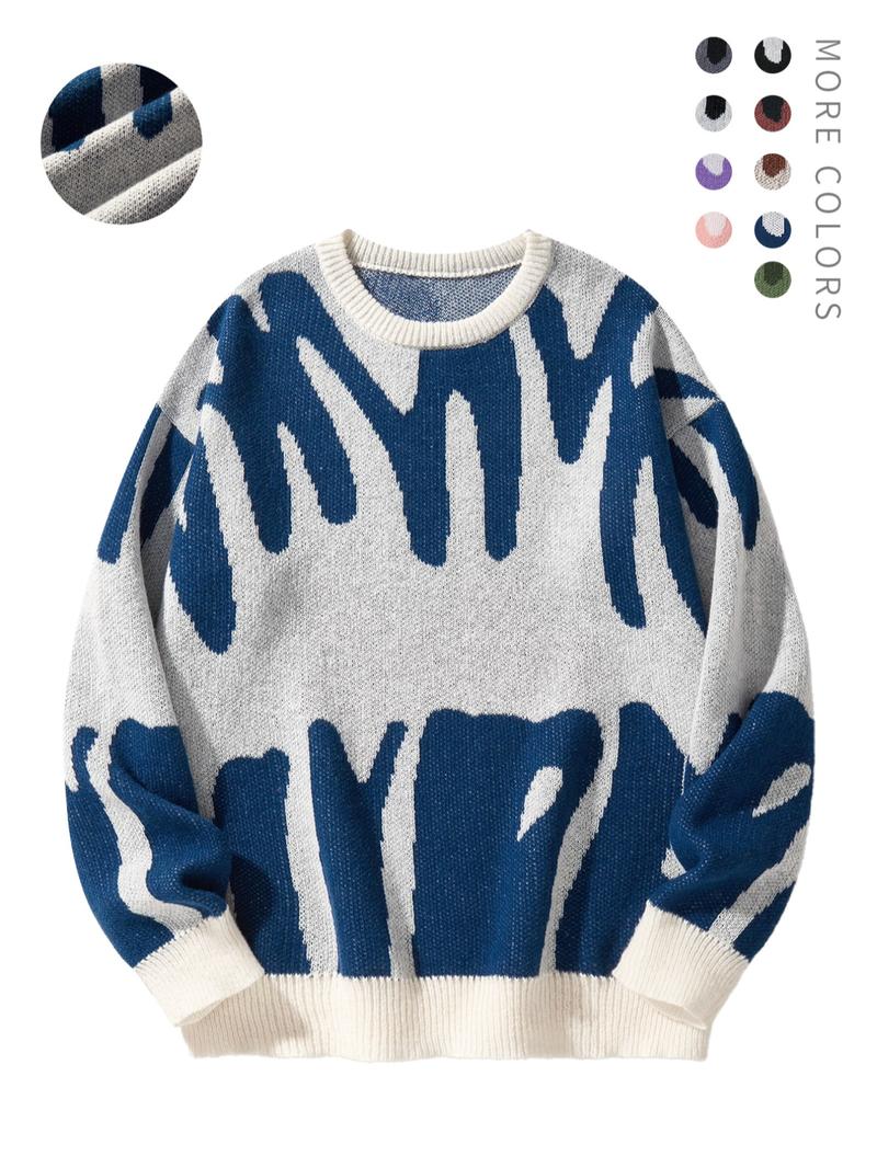 Unisex Men's Round Neck Drop Shoulder Hip Hop Sweater, Regular Fit All Over Print Long Sleeve Knitting Pullover, Drippy Outfits, Going Out Outfit