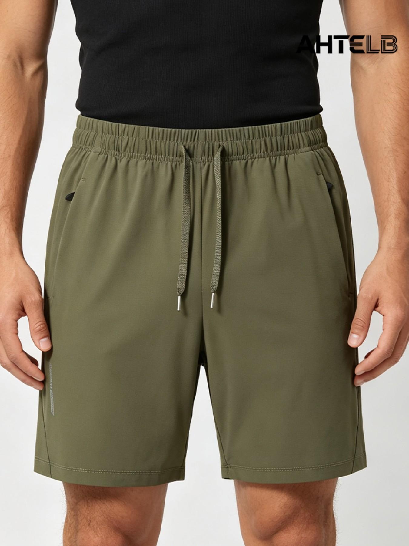 Ahtelb Men's Summer Ice Silk Quick-Dry Shorts, Elastic Drawstring Waist, Hidden Zip Pockets, Lightweight, Casual Athletic Wear