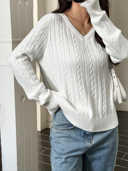 Women's V Neck Long Sleeve Sweater Knitwear, Casual Home Wear, Comfortable Fabric, Perfect for Winter, Knitted Pullover Top