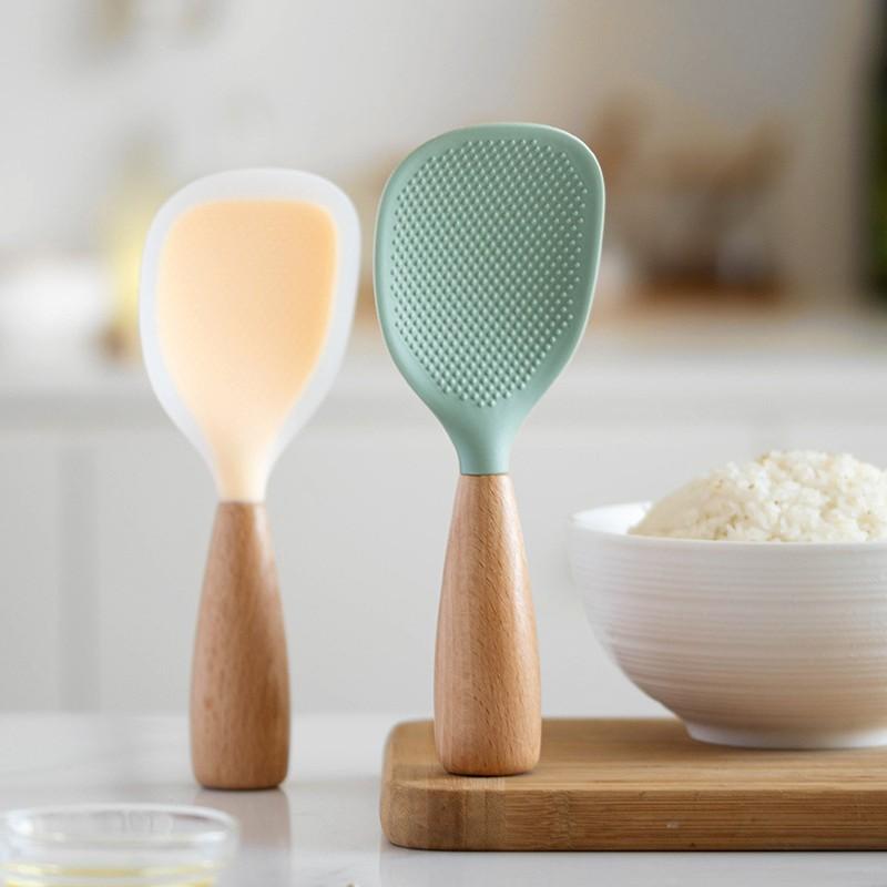 Silicone Rice Paddle with Wooden Handle, Non-Stick Heat Resistant Rice Scoop, BPA Free & Dishwasher Safe，Food-Grade Standing Silicone Rice Spoon, Non-Slip Heat Resistant, Stain-Free Rice Serving Spoon, Home Electric Rice Cooker Spoon