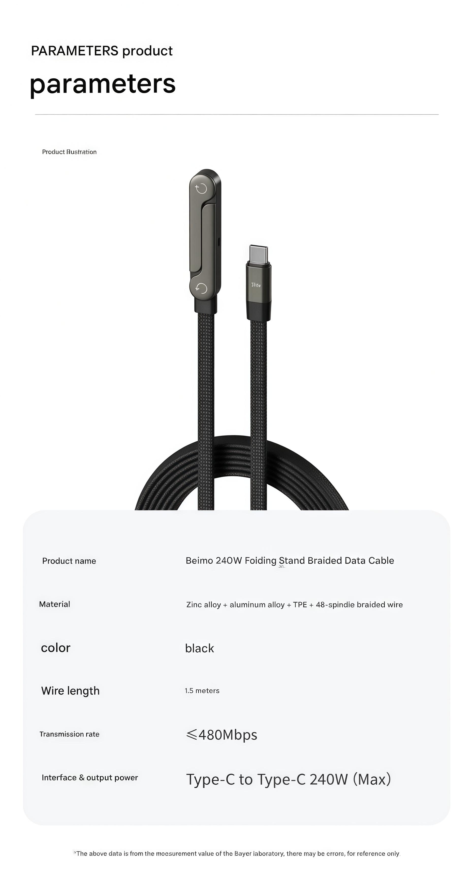 basemo Invisible Holder Charger Cable with Stand, 240w super fast charging 2-in-1 Fast Charging Cord & Phone Stand for Gaming, Office, Car Travel, Compatible with iPhone Samsung Type-C charging cable Black