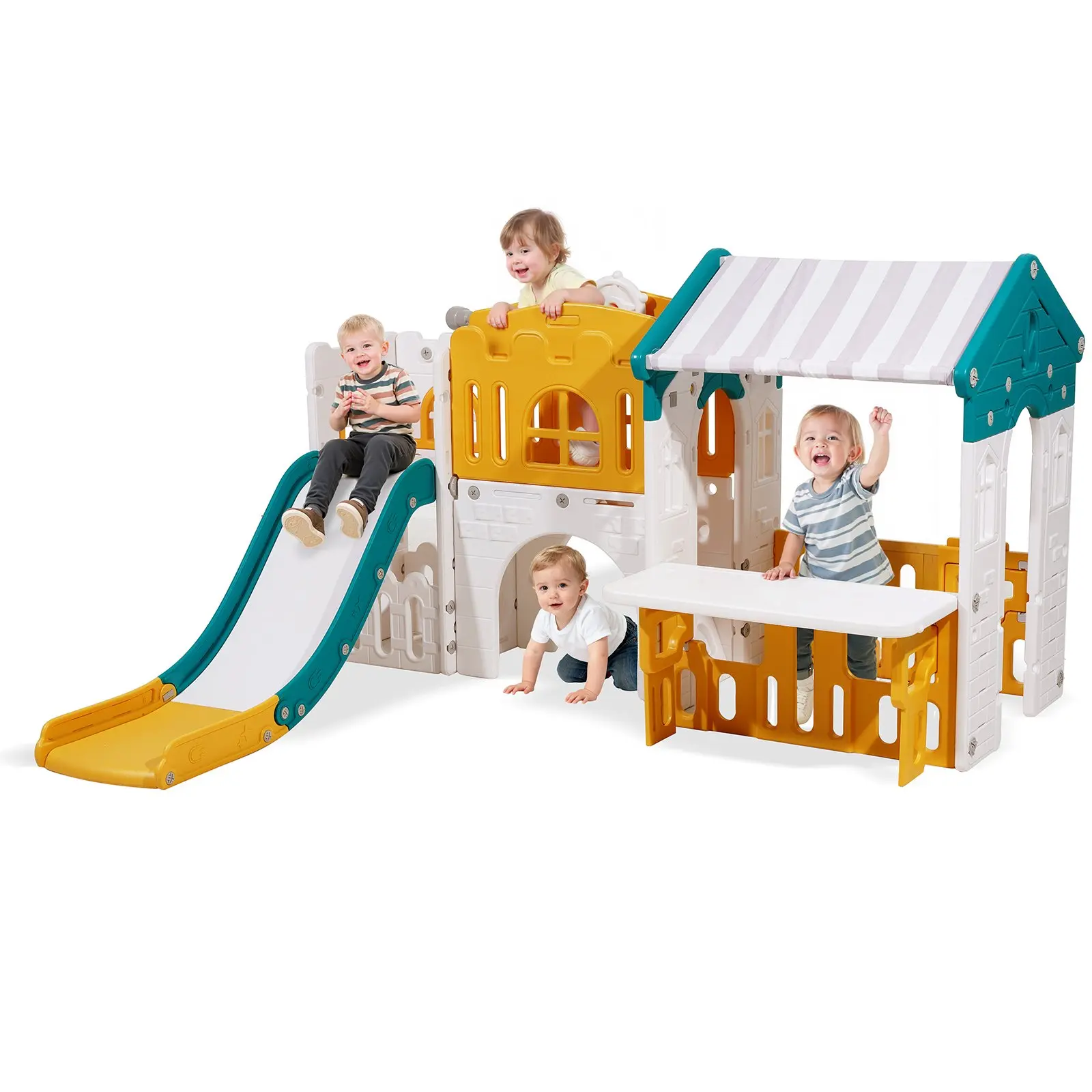 VEVOR Outdoor Playhouse, Versatile Toddler Playground with Slide, Basketball, Telescope, Steering Wheel, Crawling Tunnel, Sales Window, Toddler Playset for Aged 1+, Open Play Structure, HDPE Plastic