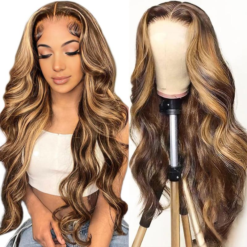 QUANDIAN 13x6 Body Wave Highlight Ombre Lace Front Wig Human Hair HD Lace Front Wigs Human Hair 200 Density P4/27 Colored Honey Blonde Wig Springtok