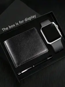 Men's LED Electronic Watch Set with Wallet & Pen, Square Analog Face, Plastic Case, Perfect Gift for Boyfriend, All Seasons, Casual Wristwatch Set