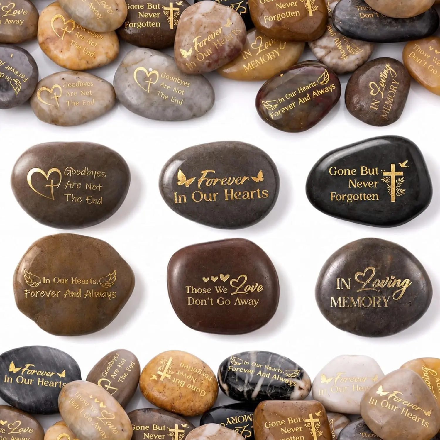 30 Pcs Memorial Stone 1.97 Inch Celebration of Life Favor Inspirational River Rock Engraved in Loving Memory Funeral Favor Decoration (Deep Color,Elegant Style)