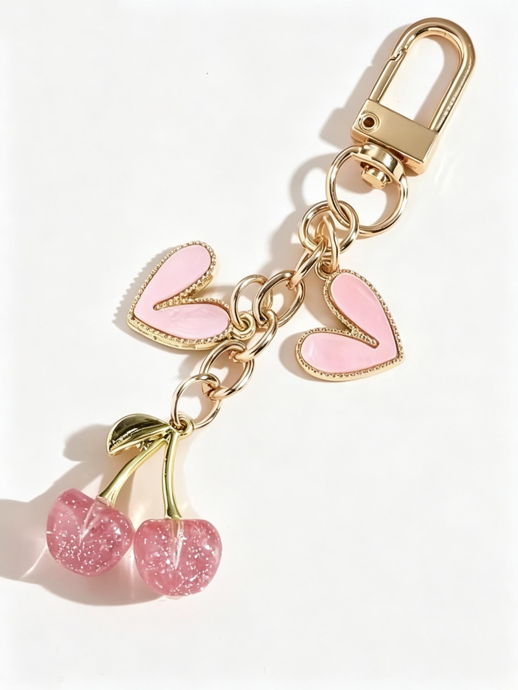 Elegant Cherry Heart Keychain for Women, Cute Glossy Cherry Key Ring, Fashion Bag Charm, Casual Style, No Choking Risk