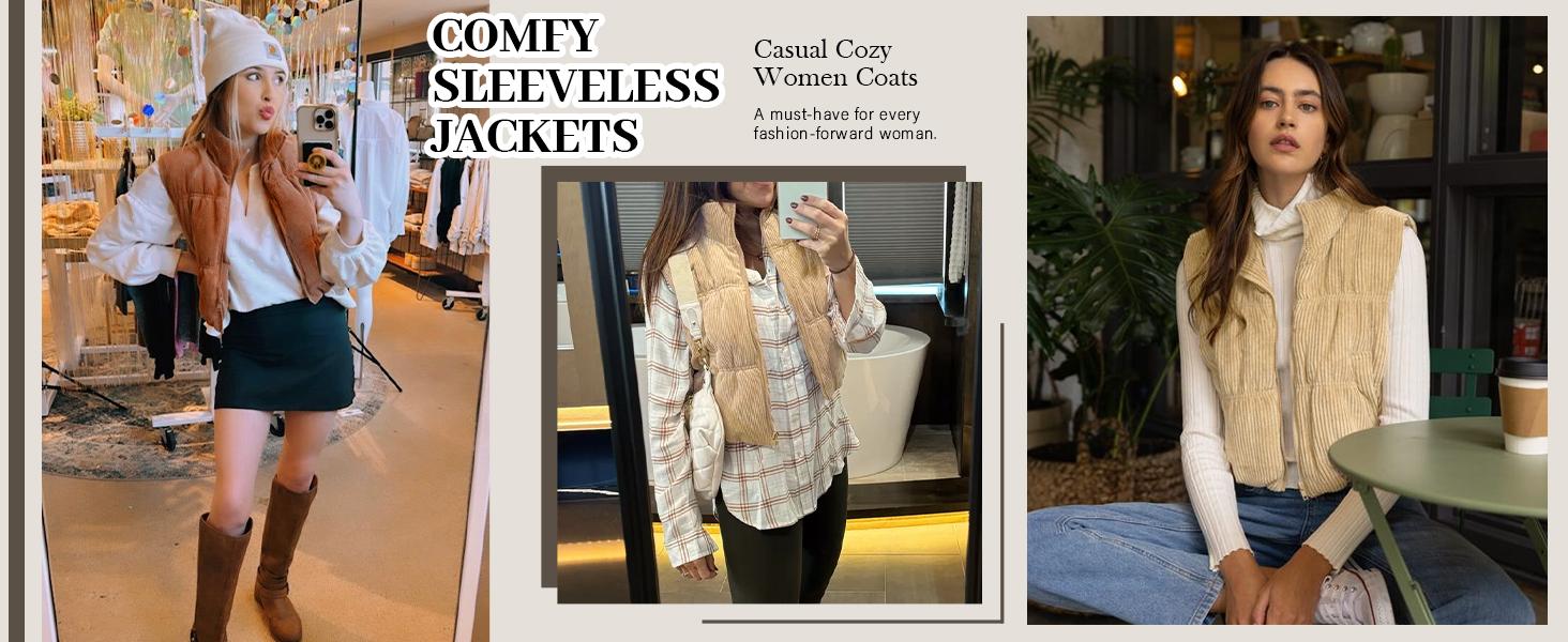 Danedvi Women's Corduroy Puffer Vest Stand Collar Zip Cropped Padded Gilet with Pockets Tops Casual